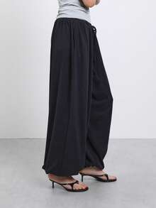COUREZ Low Rise Extreme Jersey Parachute Balloon Jogger Y2K Casual Summer For Women Going Out Lounge Daily Pants Plain Black - Black - View 5