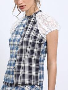 COUREZ 拼接蕾絲與格紋修身上衣 /Y2K夏季女裝 夏季穿搭 女士外出穿搭 夏季襯衫 外出上衣 可愛上衣 襯衫 - 彩色 - 查看 7