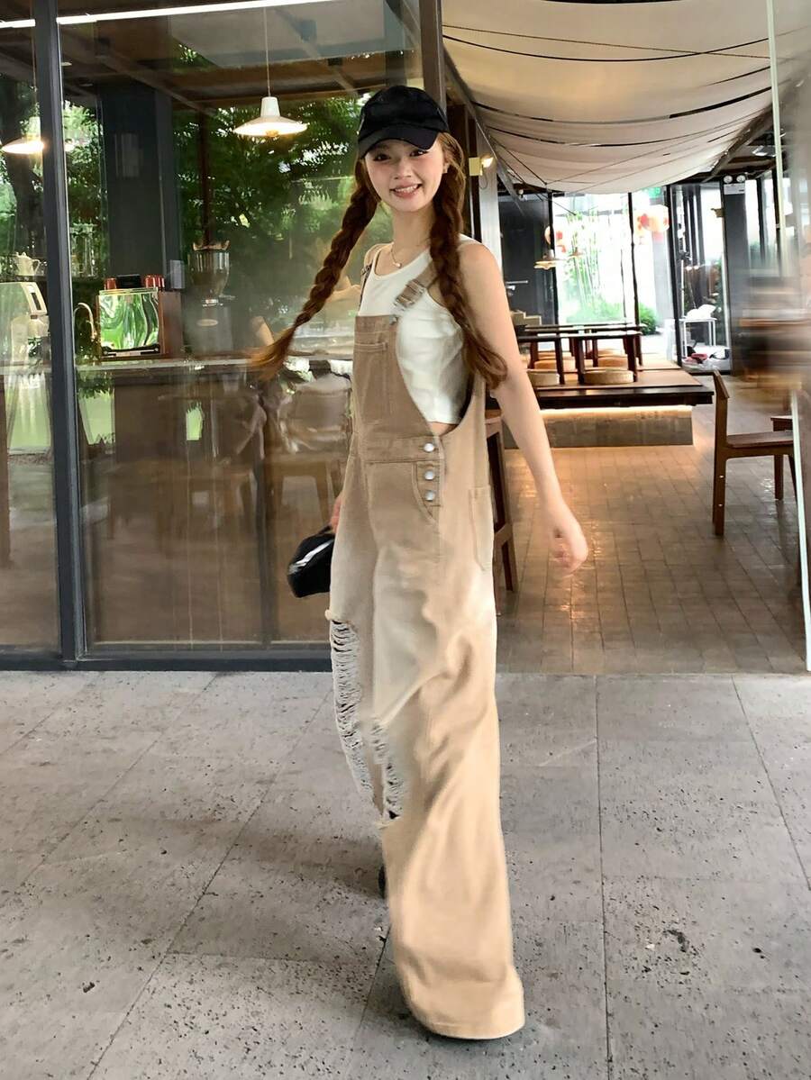 DAZY 女款時尚百搭口袋水洗破洞牛仔吊帶褲可愛上衣 - 咖啡棕 - 查看 1