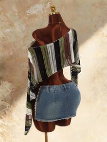Amplova Crochet Striped Hollow Out Vintage Women's Cover-Up Shawl - Brown - View 3