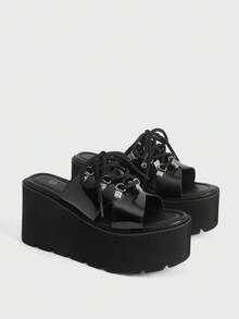 Sugerpunk Women's Fashion Sexy Wedge Heel Platform Sandals, Punk Style Open-Toed Tether Slippers Sandals, Spring And Summer Nightclub Parties And Festivals - Black - View 3