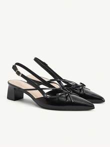 CUCCOO CHICEST Black Oily Leather Pointed Bow Slingback Thick Heel Sandals, Workplace Commuting Temperament Shoes - Avocado black - View 8