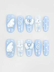 ROMWE Kawaii 10片裝Y2K簡約風假指甲，音符、翅膀、波點、蝴蝶結元素，含假甲片與雙面膠帶 - 藍色 - 查看 1