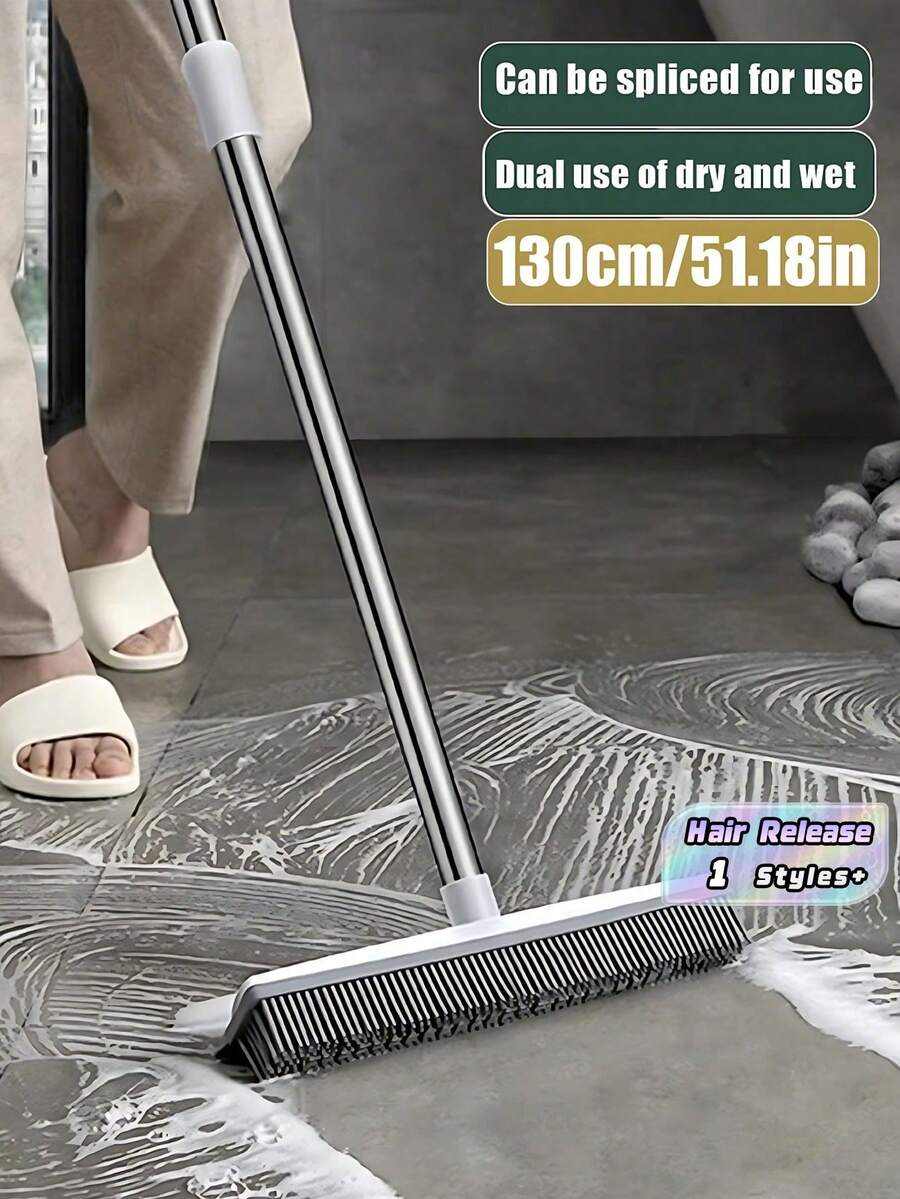 1 pièce Balai en caoutchouc avec raclette en silicone, manche long réglable, retire-poils d'animaux, nettoyeur de poussière, brosse pour fenêtres et sols, pour bois dur, carrelage et surfaces en verre, indispensable - Gris clair - Voir 1
