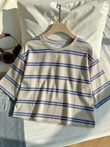 Comfortcana Camiseta de talla grande con estampado de rayas, cuello redondo y manga corta, de algodón, adecuada para uso diario - Multicolor - Ver 6