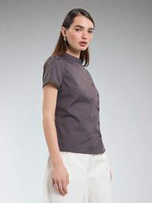 COUREZ 短袖微格纹不对称纽扣前襟上衣 / Y2K 春季女装 可爱田园风上衣 外出派对装扮 夏季上衣 夏季穿搭 - 鏽棕色 - 查看 5