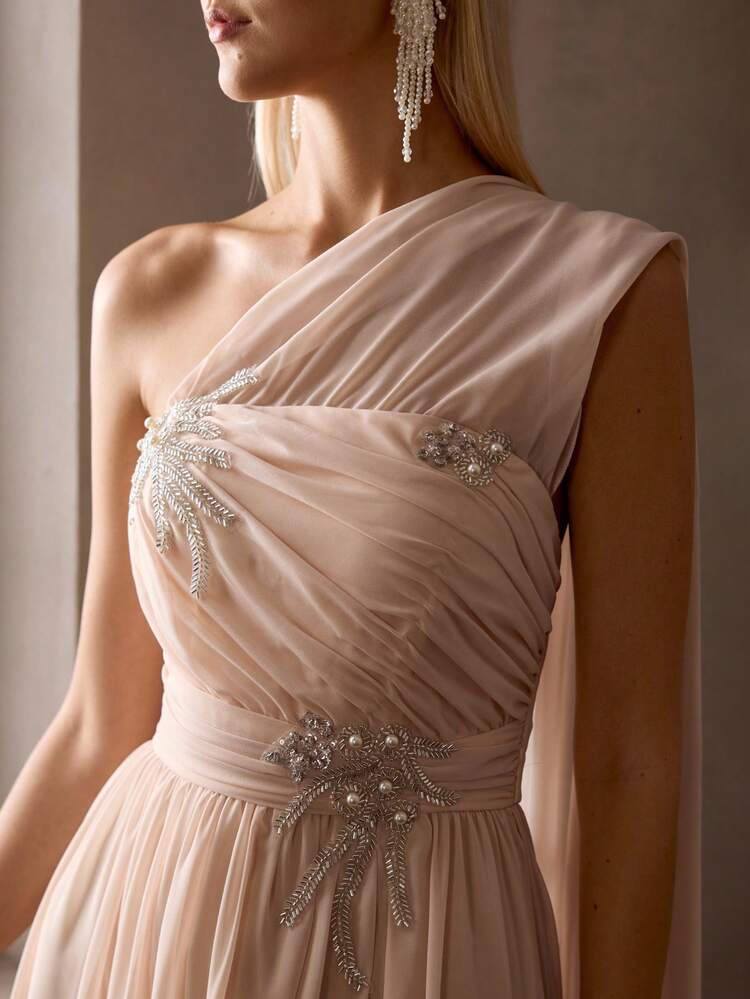 WOMEN'S CHIFFON ONE-SHOULDER FAUX PEARL BEADED DRESS WITH RUCHED WAIST, HIGH SLIT, AND HEM