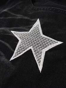GALLERY FADE New Summer Black And White Washed Denim Shorts With Star Embroidery Holiday Y2k - Black - View 3