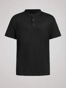 Officeau Men's Casual Solid Color Henley Neck Short Sleeve T-Shirt, Summer - Black - View 3