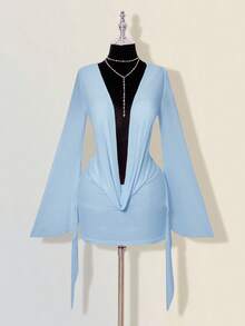 SHEIN ICON 性感寬鬆大碼披肩領網格拼接露背迷你洋裝 - 淺藍色 - 查看 3