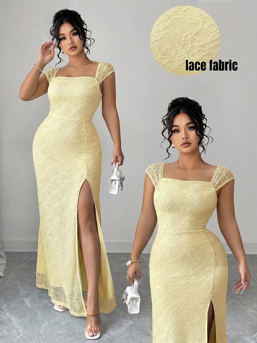 SHEIN Clasi Plus Size Women's Square Neck Yellow Lace Sleeveless Waist Cinched High Slit Bodycon Dress, Elegant Sexy Wedding Wear Mother Of The Bride Summer - Yellow - View 1