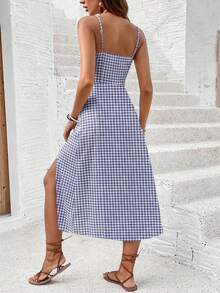 SHEIN Frenchy 女款度假休閒海灘細肩帶格紋鏤空中長洋裝 - 藍色 - 查看 3