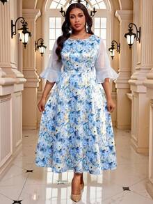 Fleurora Plus Size Women Floral Print Round Neck Mesh Flare Sleeve Elegant Dress Formal Wedding Guest Dresses For Festival Outfits Autumn Birthday White - Multicolor - View 8