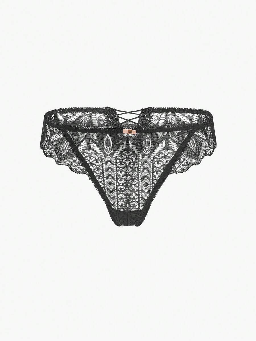 Bisouelle Tanga de Renda Floral, Lingerie Sexy - Preto - Visão 1