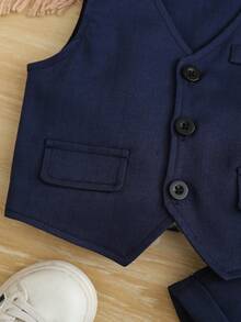 SHEIN Baby Boy Gentleman Suit Set,Navyblue,None,Back-To-School 4pc White Shirt,Bow Tie,Vest,Suspender ShortsHat For Birthday,Wedding,Baptism,Formal Outfit - Royal Blue - View 6