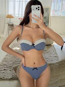 DAZY Mesh & Contrast Lace Adjustable Spaghetti Strap Bra And Panty 2-Piece Set, Summer Lingerie Outfit For Women - Blue and White - View 9