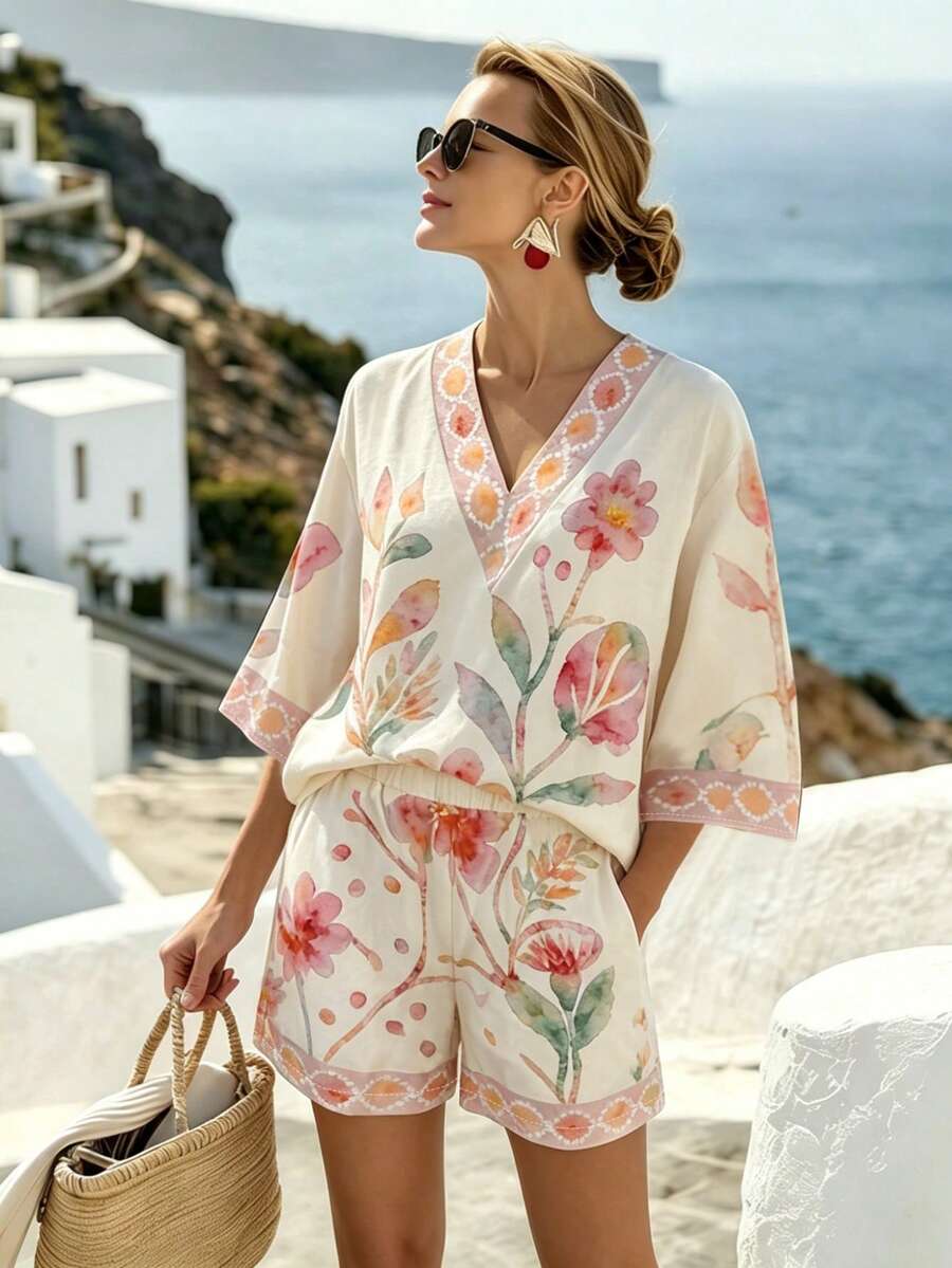Breezaya 女款黑白花卉印花度假套裝 夏季V領寬鬆上衣 + 高腰短褲 休閒兩件套 - 彩色 - 查看 1