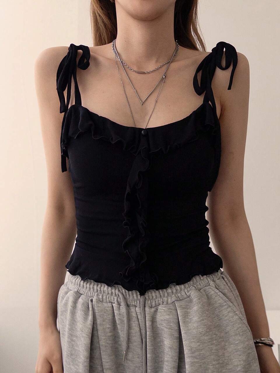 Solid Color Fitted Ruffle Tie Strap Casual Sexy Vacation Summer Women's Tank Top Going Out Black