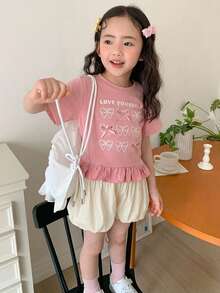 Dazy Kids 女童字母印花 3D 蝴蝶結裝飾短袖 T 恤與花苞短褲 2 件套 夏季 - 珊瑚粉 - 查看 4