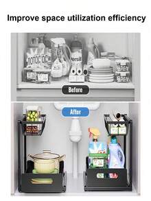 1 buah Rak Penyimpanan Geser Dua Tingkat di Bawah Wastafel, Lemari Laci Geser untuk Dapur, Kamar Mandi, Lemari Pakaian, Pengorganisasi Kabinet Serbaguna, Hemat Ruang, Dapat Diatur, Tahan Karat, Tahan Lama, Mudah Dirakit, Solusi Pengorganisasian Rumah - Hitam - View 7