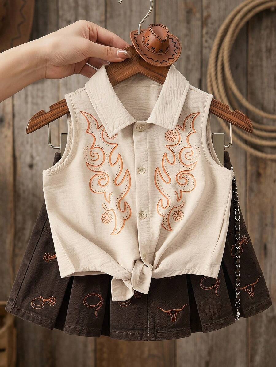 Emery Rose Kids Emery Rose Kids 女童無袖鈕扣短版上衣 西部刺繡前綁帶式夏季上衣 柔軟背心衫 童裝 - 卡其色 - 查看 1