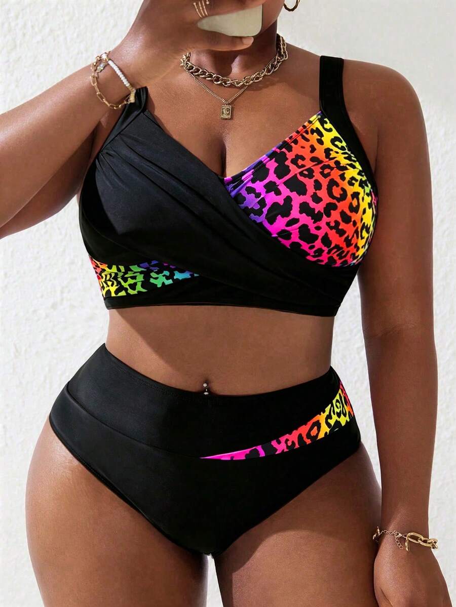Slaydiva Conjunto de traje de baño de 2 piezas para mujer talla grande con bloques de color negro & rosa, camisola fruncida, separables, para vacaciones de verano en la playa - Multicolor - Ver 1