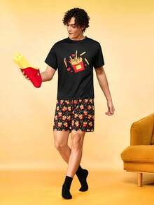 Notgurli 牛奶絲套頭男士雙件短版法式薯條印花居家服套裝 - 彩色 - 查看 6