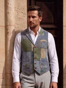 Officeau Chaleco de hombre estilo Old Money azul con patchwork y contraste de color, para negocios formal/noche - Azul - Ver 10