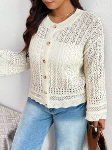 SHEIN Frenchy 大尺碼休閒手工編織3D花卉長袖開襟外套 - 杏色 - 查看 7