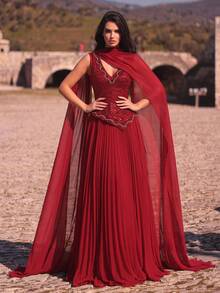 Aureia V-Neck Sequin Patchwork Pleated Hem Formal Evening Gown - Red - View 5