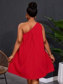 Slaydiva Vestido de pierna ancha de un solo hombro sin mangas de unicolor para mujer de talla grande - Rojo - Ver 2