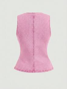 SHEIN MOD 女款夏季休閒日常通勤單排扣鈕扣修身牛仔上衣 - 粉色 - 查看 2