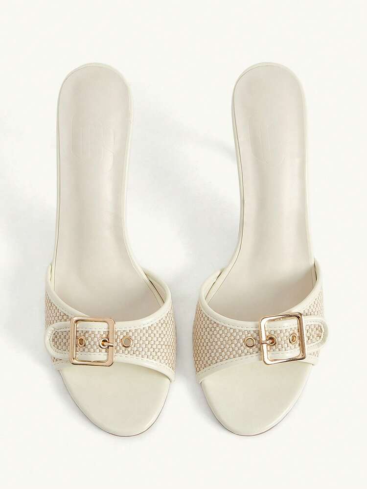 CUCCOO CHICEST Women Shoes Beige Woven PU Gold Buckle Design Fashion Sexy Temperament Round Toe High Heel Cool Slippers