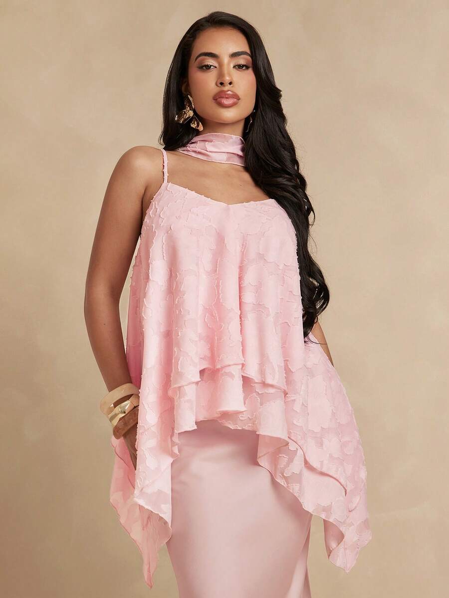 Silquee Spring/Summer Women's Chiffon Cut-Out Camisole With Ruffle Hem And Layered Flounce Holiday Pink Elegant - Pink - View 1