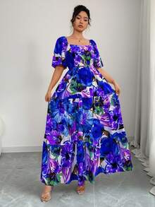 Elenzga Plus Size Square Neck Ruffle Sleeve Tropical Print Vacation Dress Wedding Guest Blue And White Summer - Purple - View 5