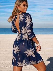 Swim Lushoire Women's Spring/Summer Beach Outfit, Printed Waist-Cinched 3/4 Sleeve V-Neck Vacation Dress, Cover-Up Dress - Navy Blue - View 2