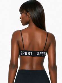 Rest Era Black Spaghetti Strap Casual Sports Bra With Letter Elastic, Backless Design For Daily Wear - Black - View 2