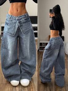 StreetHx Plus Size Women's Spring/Summer Vintage Washed Denim Jeans - Medium Wash - View 1