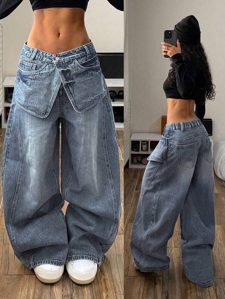 StreetHx Plus Size Women's Spring/Summer Vintage Washed Denim Jeans - Medium Wash - View 1