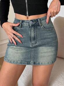 Joudiya Women's Denim Mini Skirt Summer Jeans Skirt - Medium Wash - View 10