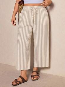 Elaquor Casual Everyday Versatile Striped Pattern Plus Size Women's Lace-Up Wide Leg Pants - Multicolor - View 3