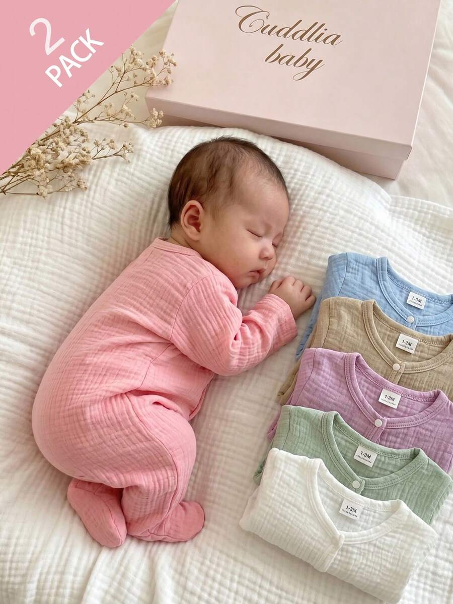 2件裝新生兒極簡可愛愛心圖案長袖連身衣,柔軟皺褶面料易穿脫,適合春夏活動,極簡舒適百搭 - 彩色 - 查看 1