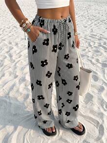 SHEIN Girls Casual Striped & Floral Print Loose Black Pants, Suitable For Daily, Commuting, Vacation, Music Festival - Black - View 3