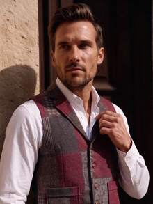 Officeau Nuevo chaleco retro de hombre con parches y contraste de colores en el cuello - Rojo - Ver 11