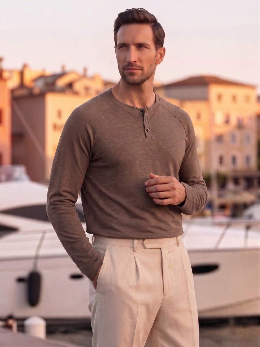Officeau Men's Casual Solid Color Henley Neck Long Sleeve Undershirt, Comfortable & Soft, Versatile For All Seasons,Fall - Brown - View 1