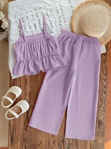 Emery Rose Kids Emery Rose Kids 女童钩针花卉荷叶边吊带背心和裤子套装 - 紫色 - 查看 7