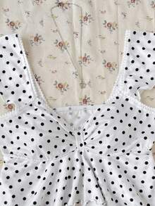 SHEIN 青少年女孩休閒簡約Y2K黑白圓點印花抓皺繫帶前襟T恤 - 黑與白 - 查看 4
