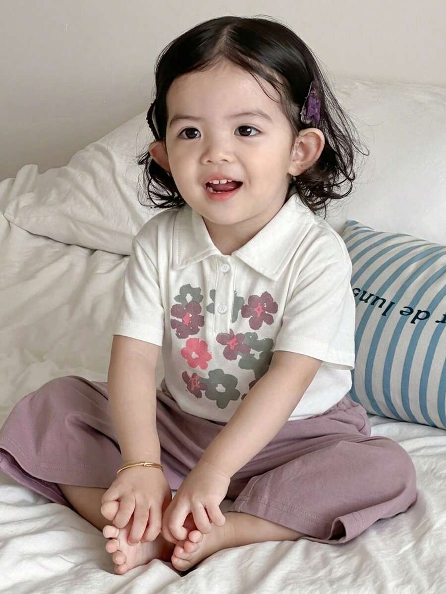 Dazy Kids 女嬰翻領清新甜美印花短袖休閒居家服 夏季 - 淡紫色 - 查看 1