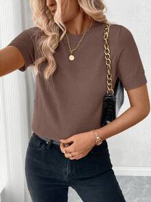 SHEIN LUNE Women's Simple Casual Solid Color Round Neck Short Sleeve Ribbed Knit Top - Redwood - View 5