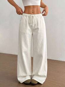 SHEIN Jeanoir Women's Casual Solid Color Drawstring Waist Slant Pocket Straight Leg Jeans - White - View 1